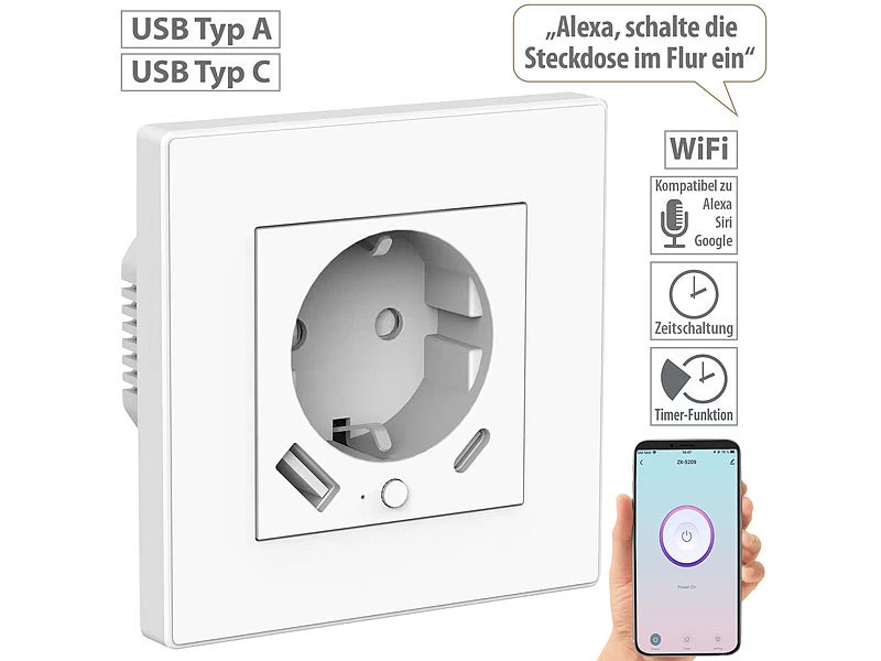 Luminea Home Control W LAN Steckdosen:5er-Set WLAN-Unterputzsteckdosen Mit App, Je 1x USB A, 1x USB C, 2 A – Bild 8