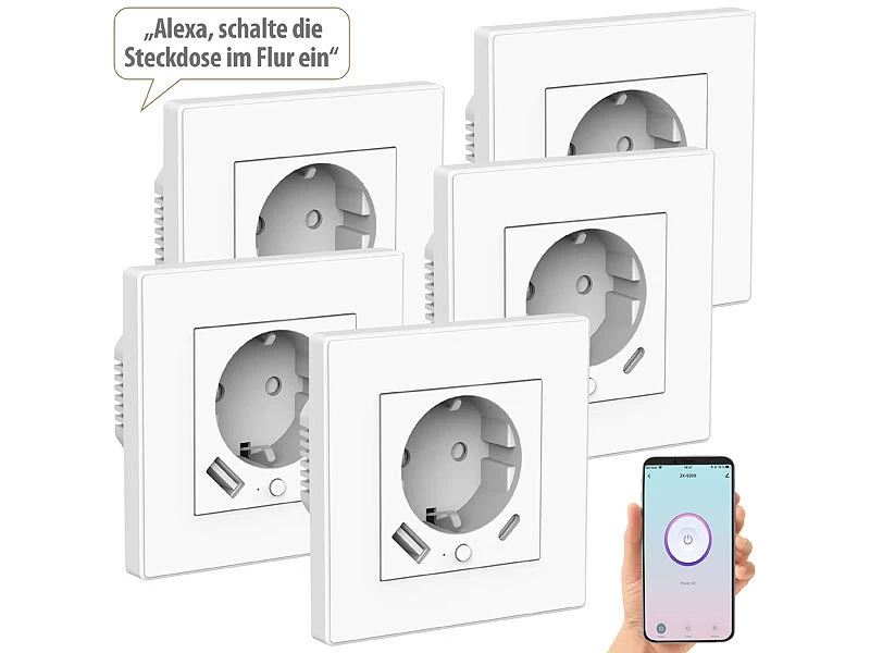 Luminea Home Control W LAN Steckdosen:5er-Set WLAN-Unterputzsteckdosen Mit App, Je 1x USB A, 1x USB C, 2 A – Bild 2