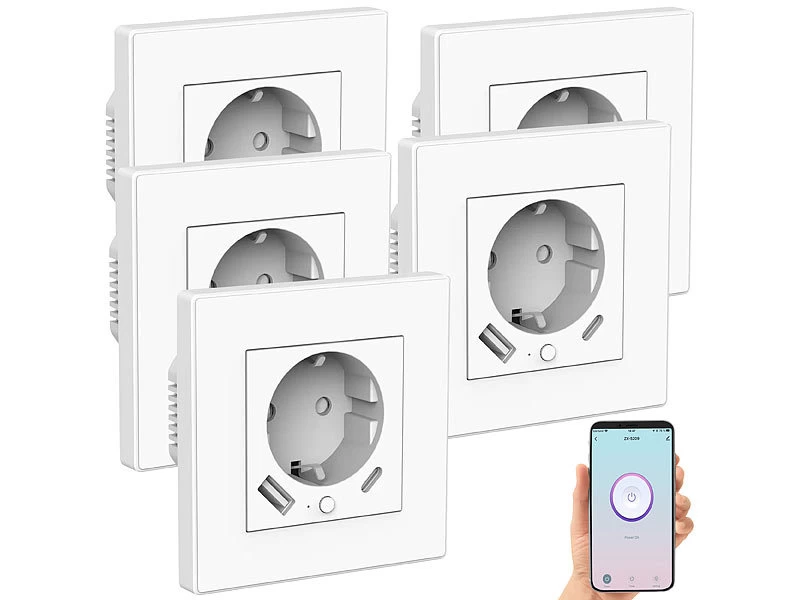 Luminea Home Control W LAN Steckdosen:5er-Set WLAN-Unterputzsteckdosen Mit App, Je 1x USB A, 1x USB C, 2 A – Bild 3