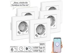 Luminea Home Control W LAN Steckdosen:5er-Set WLAN-Unterputzsteckdosen Mit App, Je 1x USB A, 1x USB C, 2 A