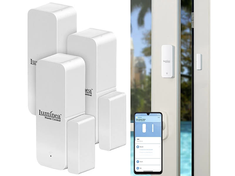 Luminea Home Control Alarmanlagen:3er-Set ZigBee-Tür- & Fensteralarm, Für Alexa, GA Und Siri, App – Bild 2