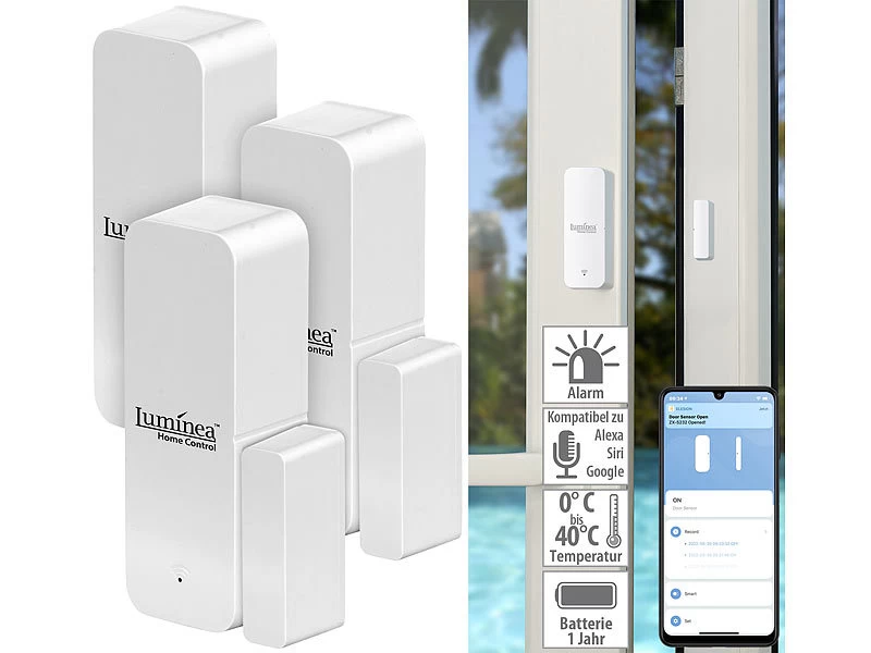 Luminea Home Control Alarmanlagen:3er-Set ZigBee-Tür- & Fensteralarm, Für Alexa, GA Und Siri, App