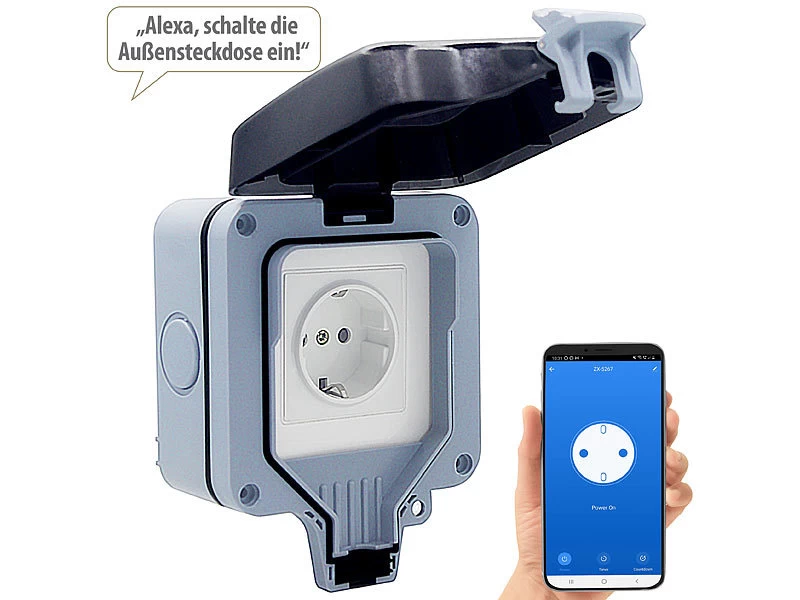 Luminea Home Control Outdoor Steckdose:Outdoor-WLAN-Aufputzsteckdose, Sprachsteuerung, Verbrauchsmesser, App – Bild 2