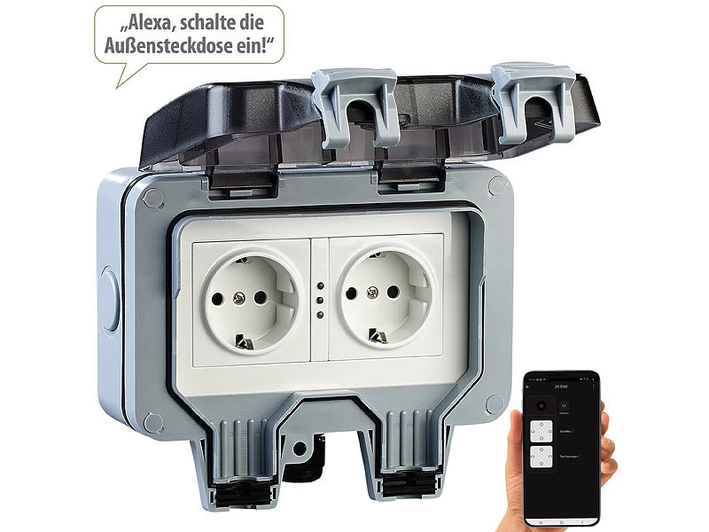 Luminea Home Control WLAN Steckdose:Outdoor-WLAN-Aufputz-Doppelsteckdose, Sprachbefehl, Strommessung, App – Bild 2