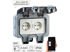 Luminea Home Control WLAN Steckdose:Outdoor-WLAN-Aufputz-Doppelsteckdose, Sprachbefehl, Strommessung, App