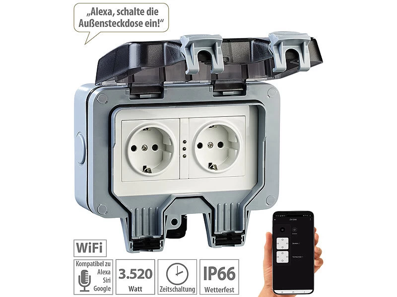 Luminea Home Control WLAN Steckdose:Outdoor-WLAN-Aufputz-Doppelsteckdose, Sprachbefehl, Strommessung, App