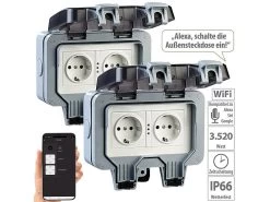 Luminea Home Control Außensteckdose WLAN:2er-Set Outdoor-WLAN-Doppelsteckdosen, Sprachbefehl, Strommessung, App