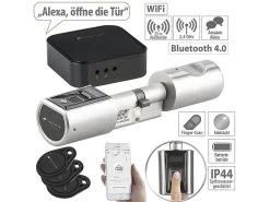 VisorTech Fingerprint Türschloss:Elektronischer Tür-Schließzylinder, Fingerprint, Transponder, Gateway
