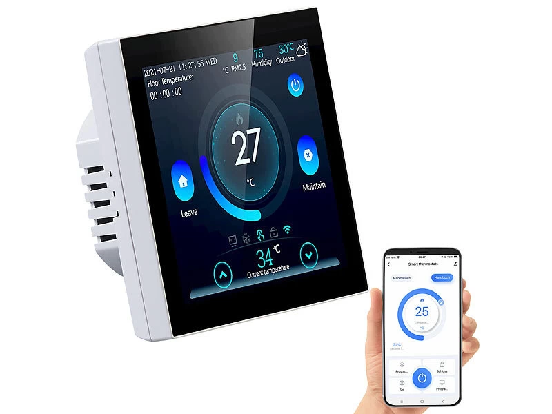 Revolt Funkthermostat:WLAN-Fußbodenheizung-Thermostat Mit Touchdisplay, Feinstaub-Anzeige – Bild 3