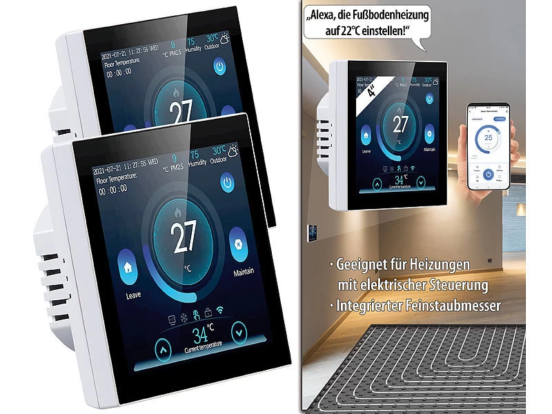 Revolt Thermostat Heizung WLAN:2er-Set WLAN-Thermostate Für Fußbodenheizungen, Touchdisplay – Bild 2
