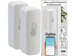 Luminea Home Control ZigBee Hygrometer:2er-Set ZigBee-Temperatur- & Luftfeuchtigkeits-Sensoren Mit App
