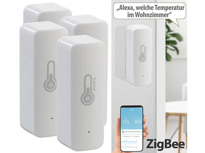 Luminea Home Control Temperatur Datenlogger:4er-Set ZigBee-Temperatur- & Luftfeuchtigkeits-Sensoren Mit App – Bild 2