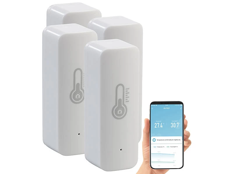 Luminea Home Control Temperatur Datenlogger:4er-Set ZigBee-Temperatur- & Luftfeuchtigkeits-Sensoren Mit App – Bild 3