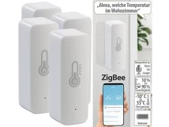 Luminea Home Control Temperatur Datenlogger:4er-Set ZigBee-Temperatur- & Luftfeuchtigkeits-Sensoren Mit App
