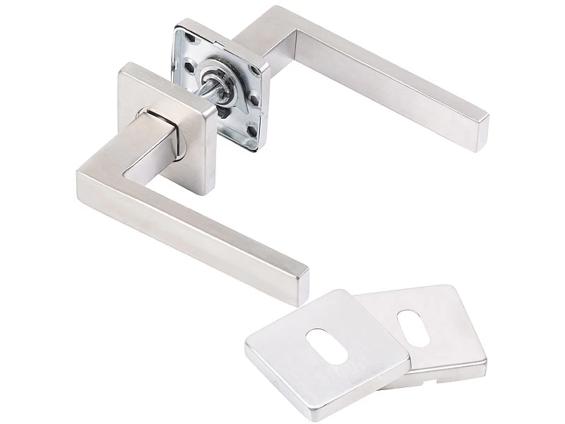 AGT Türbeschlag, Modern:2er-Set Edelstahl-Türbeschlag Mit 2 Klinken & Rosetten, Eckig, Silbern