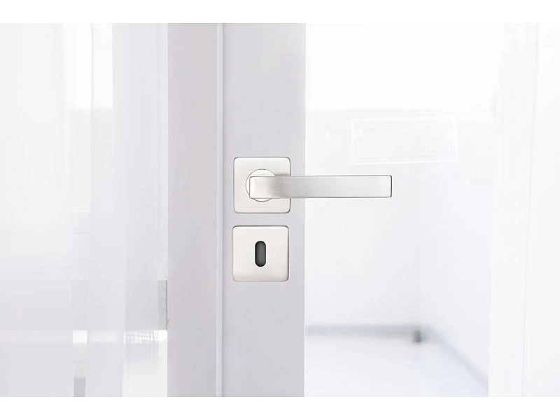 AGT Türbeschlag, Modern:2er-Set Edelstahl-Türbeschlag Mit 2 Klinken & Rosetten, Eckig, Silbern – Bild 5