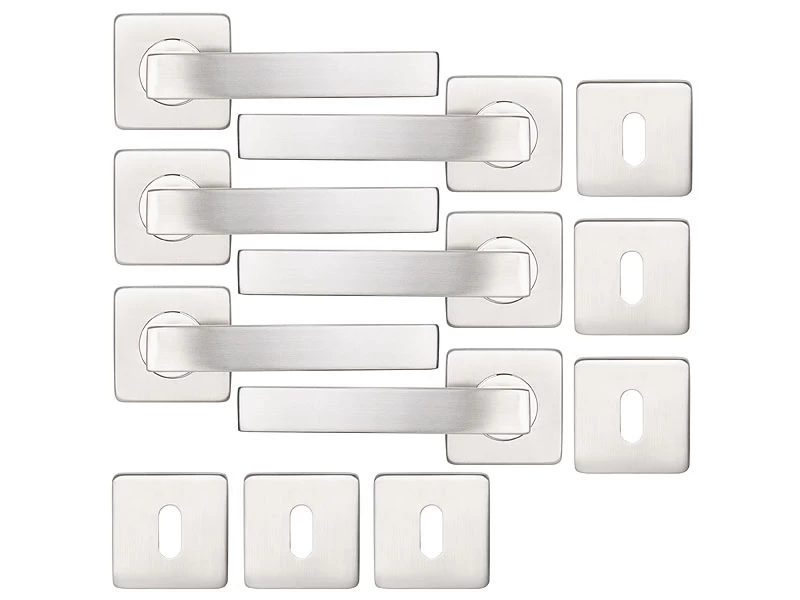 AGT Rostfreie Türbeschläge:6er-Set Edelstahl-Türbeschlag Mit 6 Klinken & Rosetten, Eckig, Silbern – Bild 2