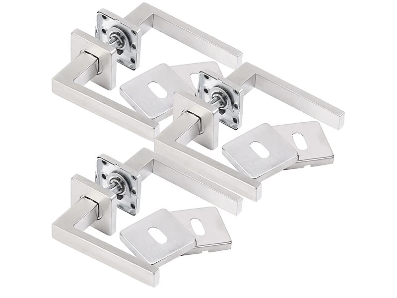 AGT Rostfreie Türbeschläge:6er-Set Edelstahl-Türbeschlag Mit 6 Klinken & Rosetten, Eckig, Silbern