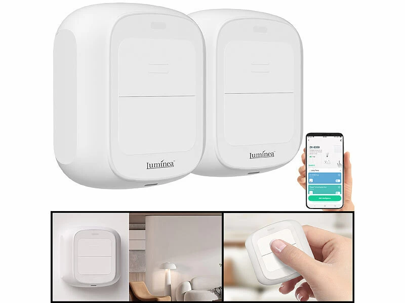 Luminea Home Control Funk Lichtschalter:2er-Set Smarte WLAN-Fernbedienung Mit 2 Tasten, Licht & Szenen Steuern – Bild 2